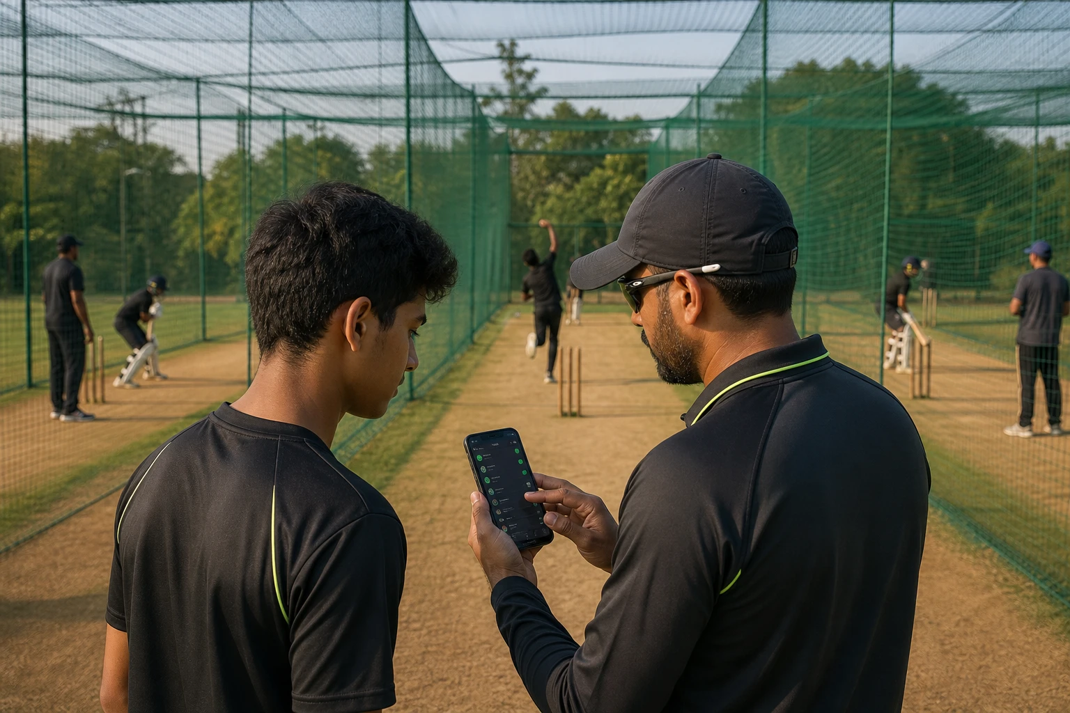 Coach and player reviewing krease.ai session records on a phone while multiple academy net lanes continue training