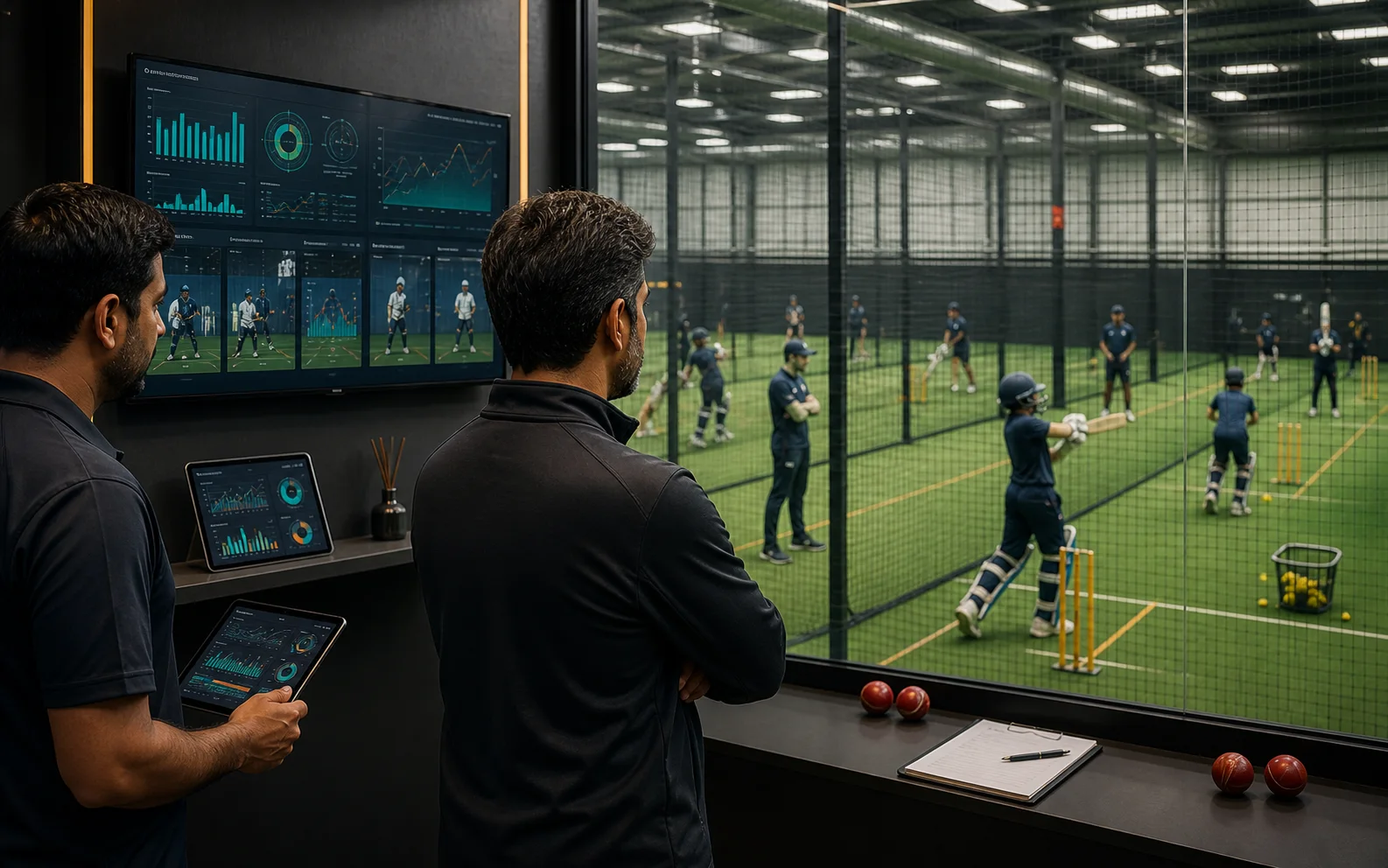 Academy owner and coach review player development dashboards while multiple cricket nets run behind glass