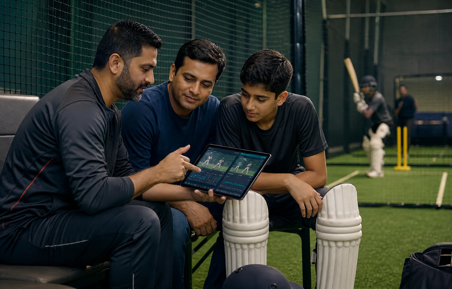 Coach shows a parent and young cricket player tablet-based session clips and progress data beside the nets