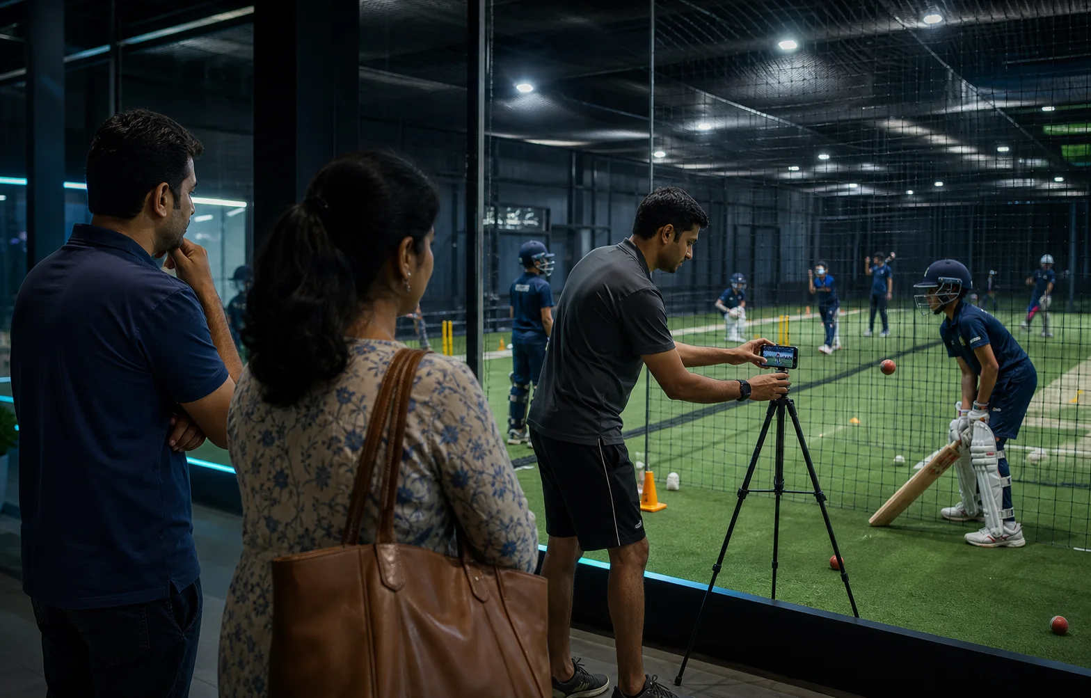 Parents watch a coach set up smartphone recording beside a cricket net during an academy training batch