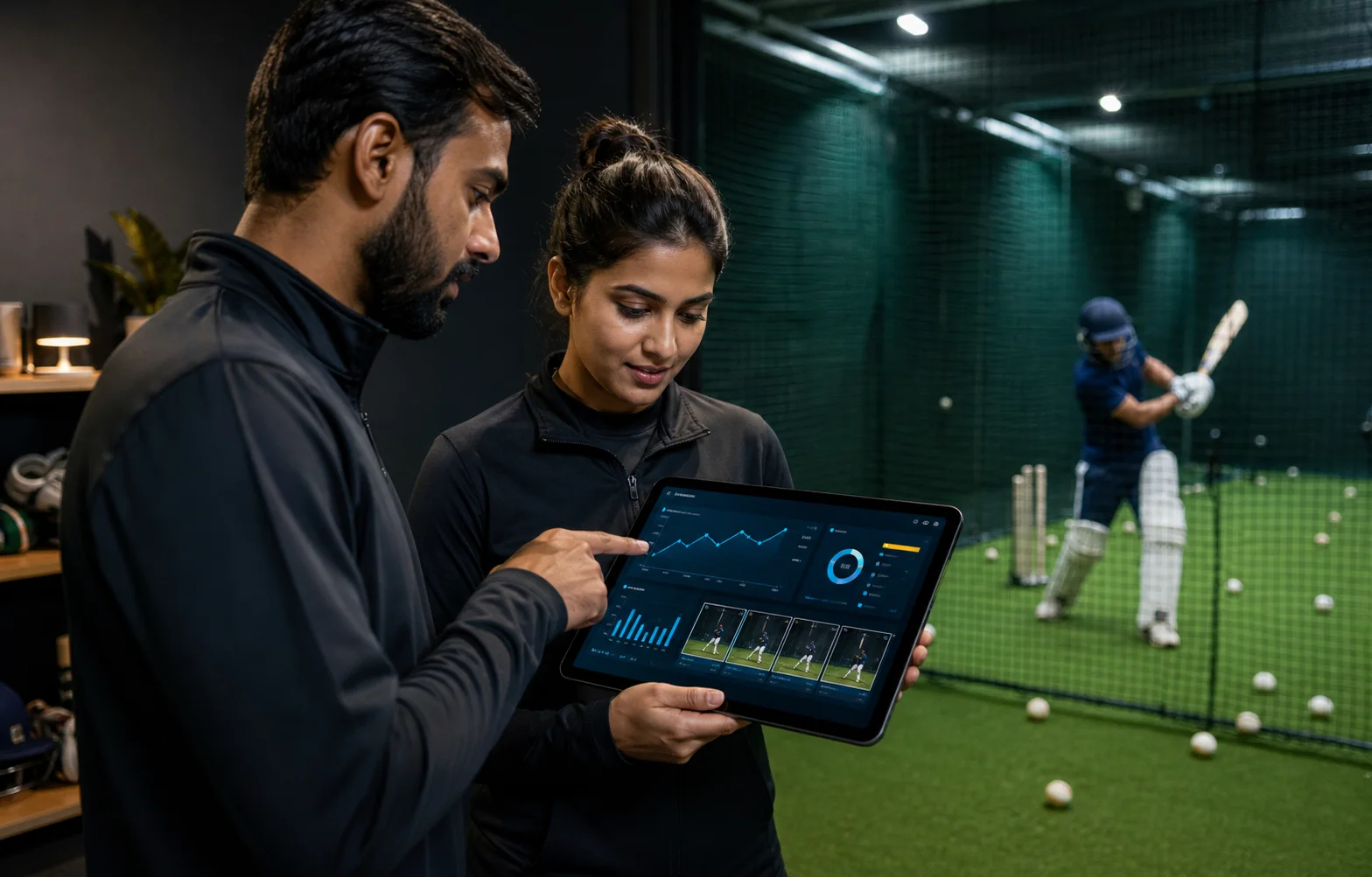 Coach and academy coordinator review early player engagement signals on a tablet beside an active cricket net