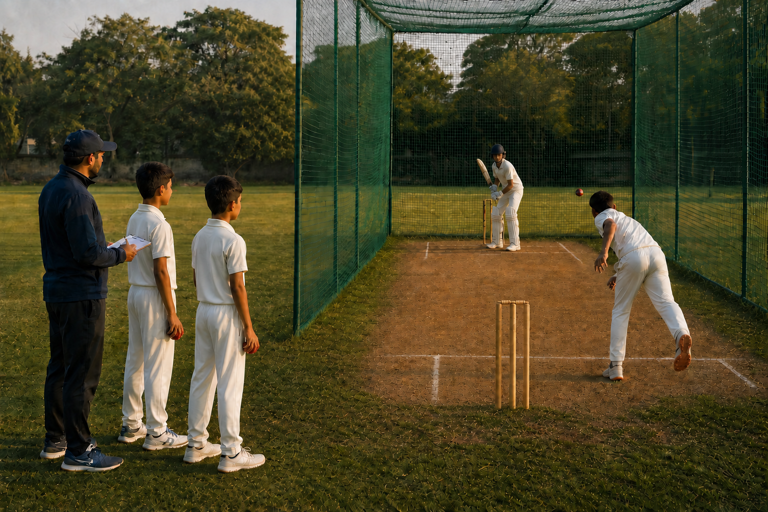 A coach and two waiting bowlers watch an active bowler and batter in an open-ended cricket net