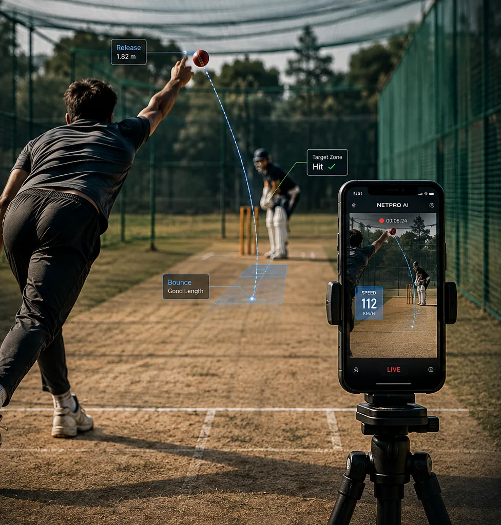 Bowler in a cricket net recorded by a tripod-mounted phone with delivery trajectory and pitch-zone overlays