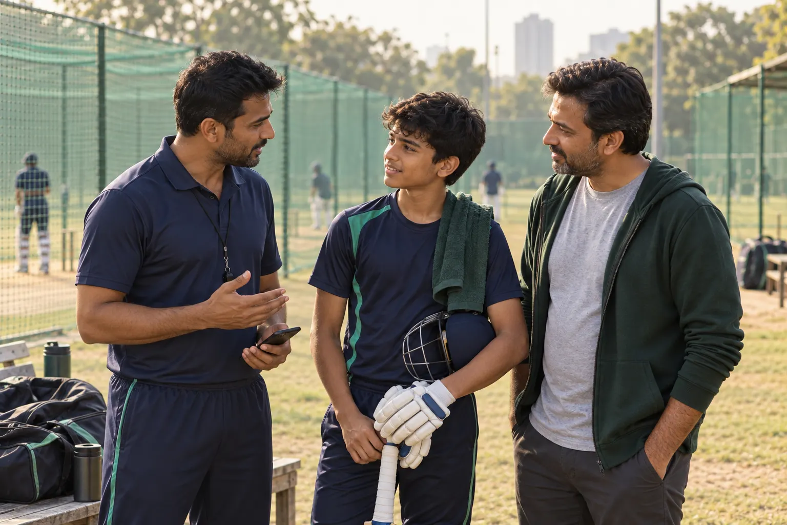 Coach discusses practice with a young cricketer and their father beside outdoor nets