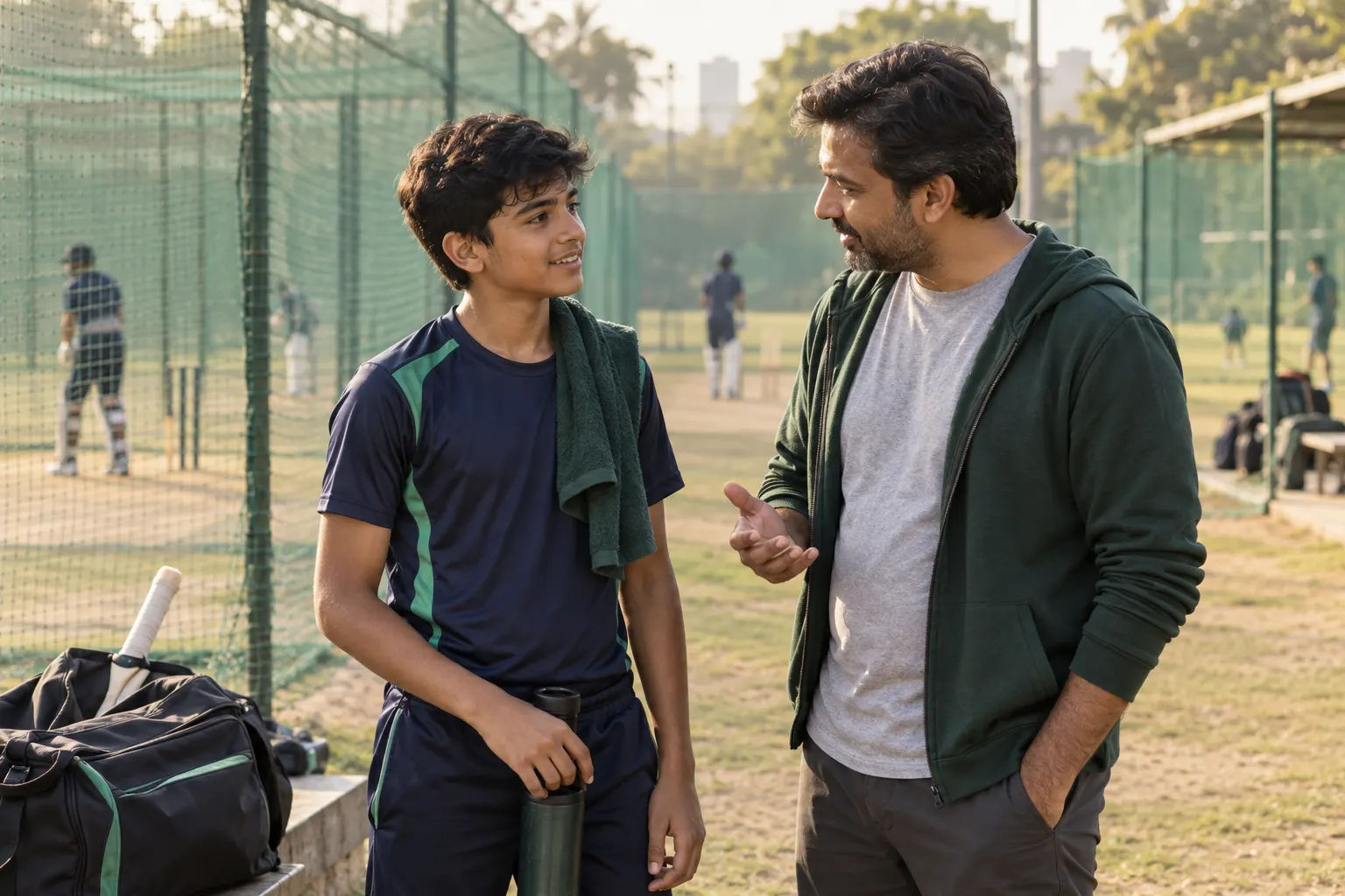 Father and young cricketer talking beside outdoor practice nets after training