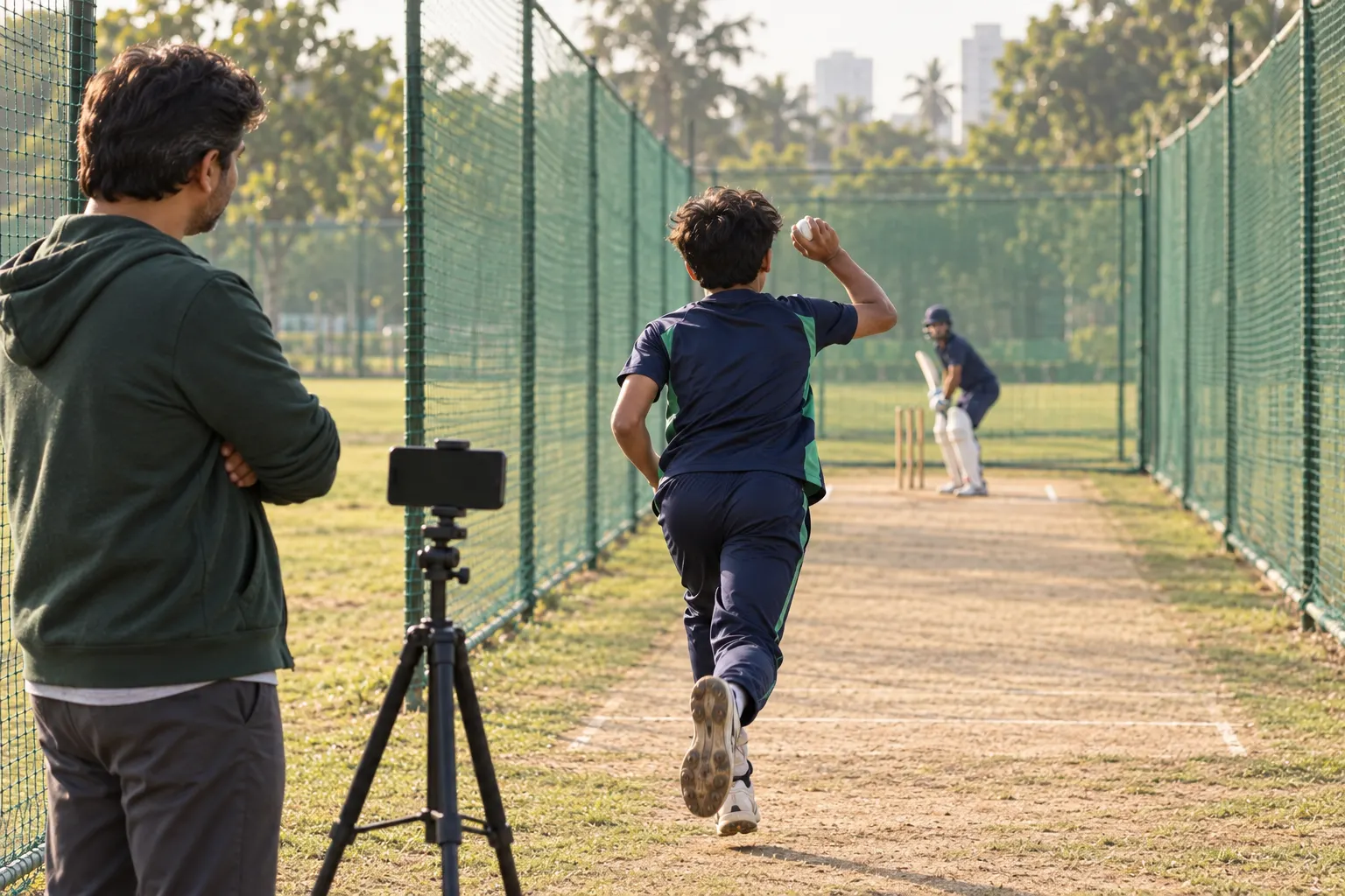 Tripod-mounted phone records a bowler practising toward a batter in outdoor cricket nets