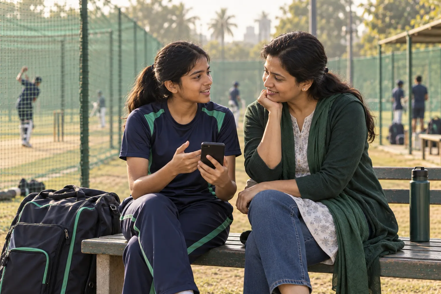 Mother listens as her teenage daughter reviews a phone beside cricket nets