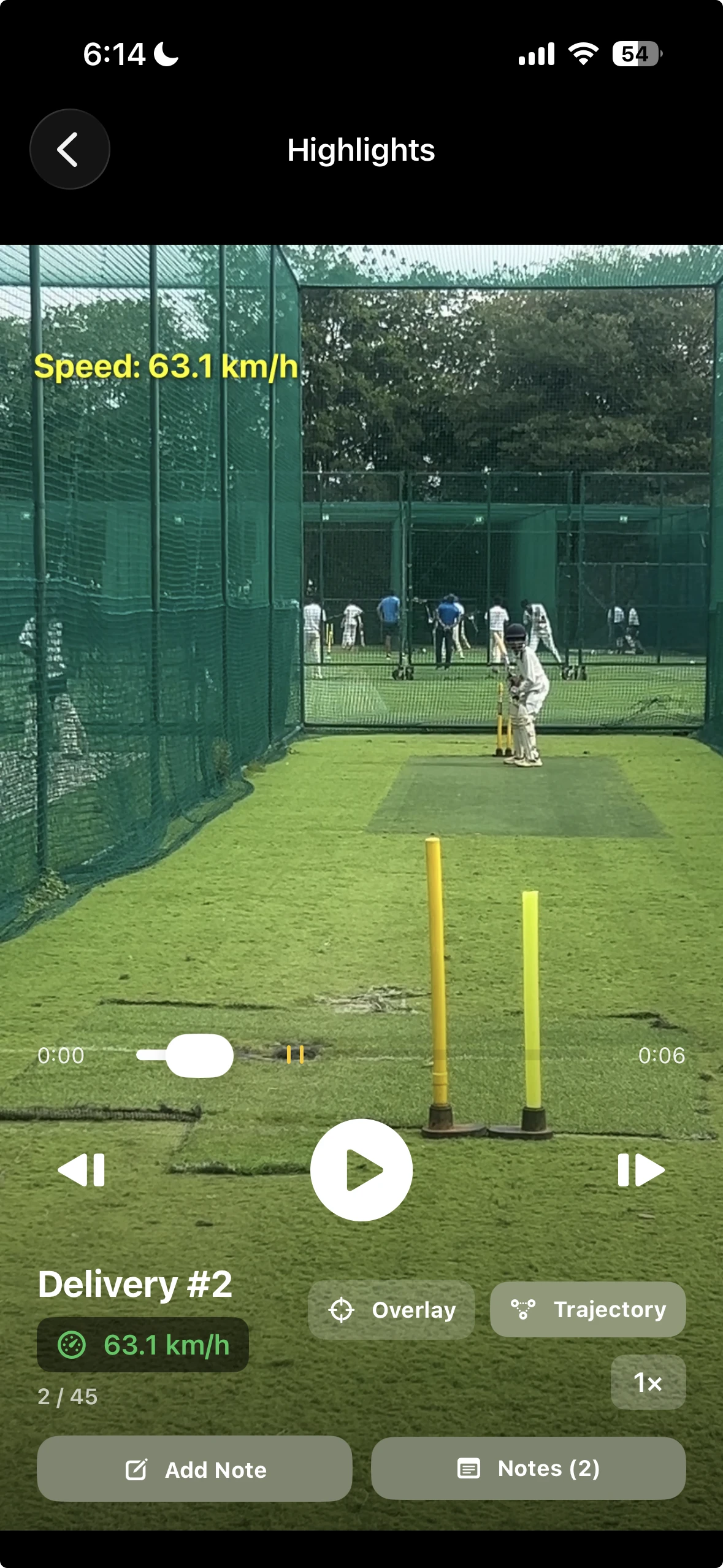 krease.ai delivery highlight showing video replay, measured speed, trajectory, and coaching notes
