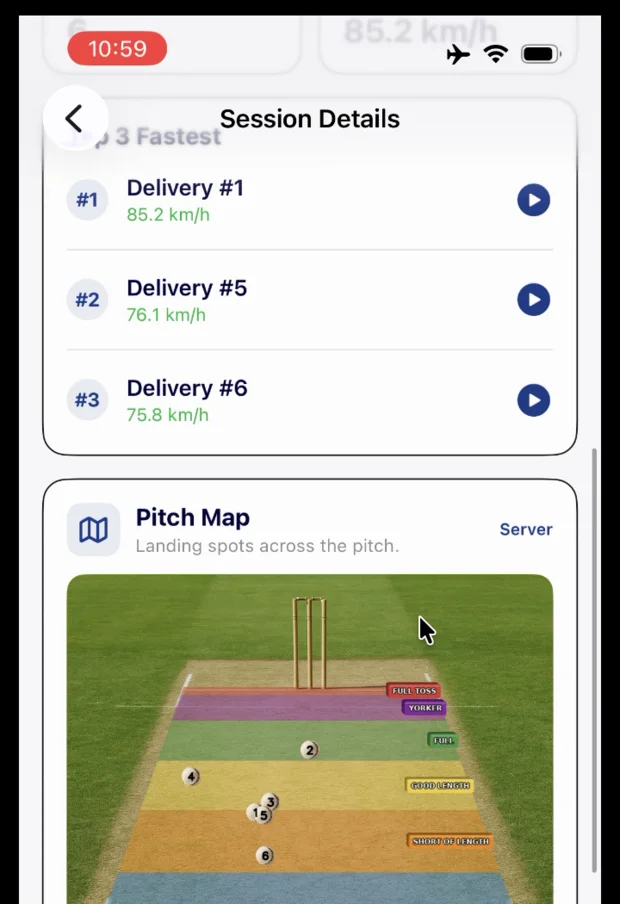 krease.ai pitch map showing landing zones for six deliveries