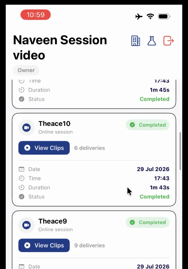 krease.ai player session library with completed session records